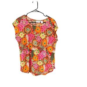 Nicole Miller Linen sleeveless top women large bold floral print geometric shell